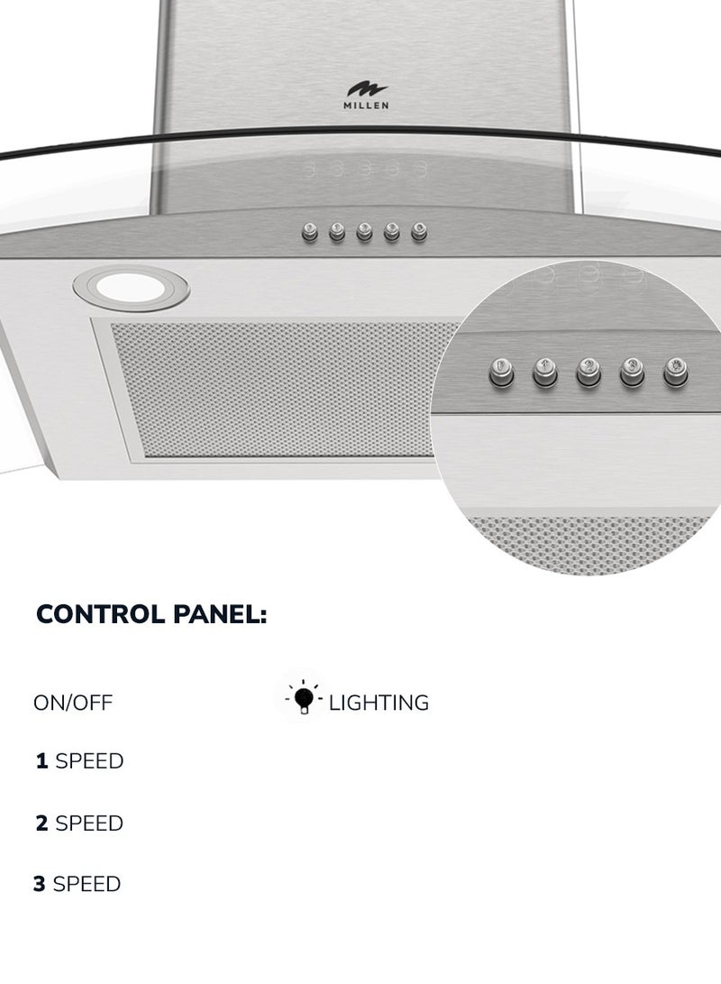 ميلين Range Hood 60cm Curved Glass Chimney Stainless Steel-  3 Years Warranty MKHG 603 IX Stainless Steel - Image 4