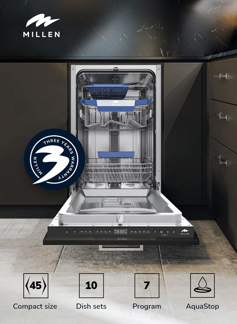 ميلين Built-in Dishwasher 45cm - Compact and Efficient, Auto Open Function, AquaStop Leak Protection, 3 Year Warranty MDW 45732 Stainless steel - Image 1