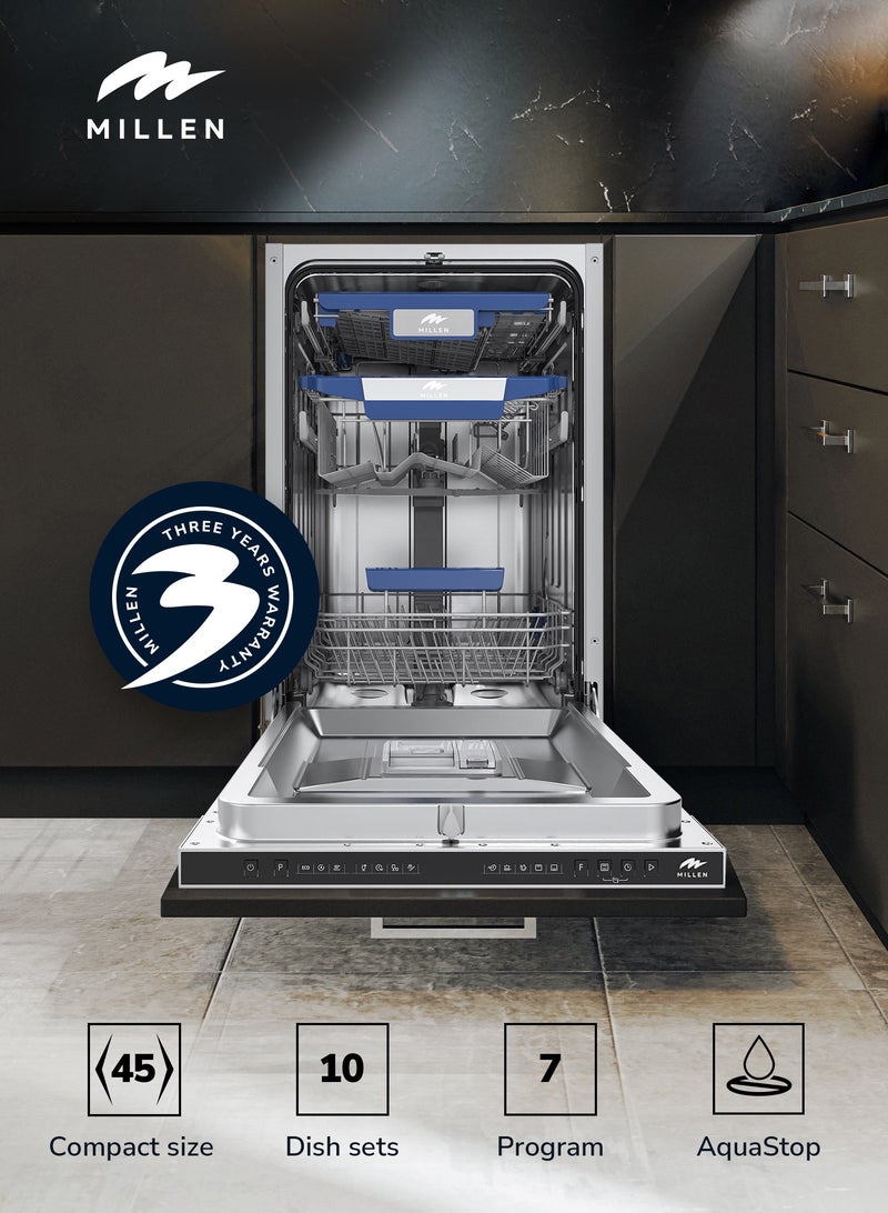 MILLEN Built-in Dishwasher 45cm - Compact and Efficient, Auto Open, Indicator,AquaStop, 3Y Warranty, MDW 45731. MDW 45731 Stainless steel  - Image 2