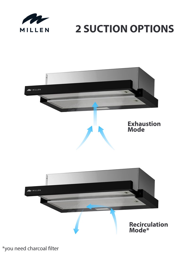 ميلين 90cm Telescopic hood , 3 Years Warranty, Filters Included 130 W MBKHSG 9001 BL black - Image 4