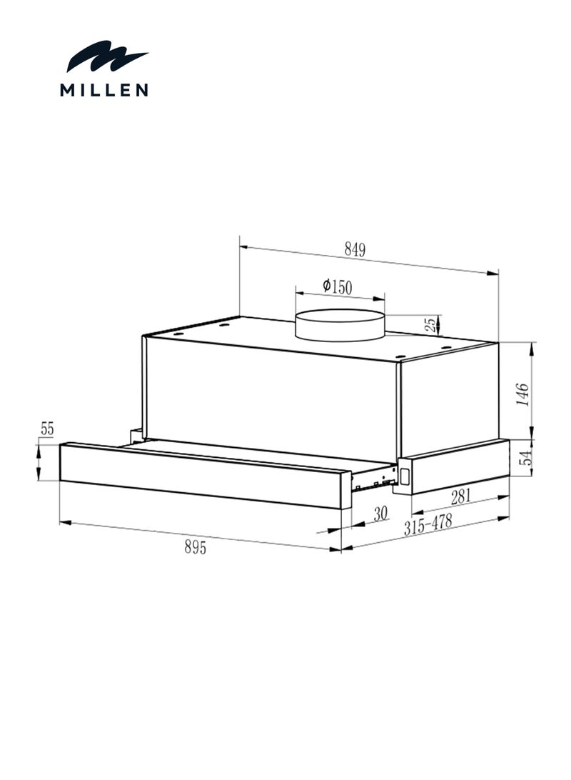 ميلين 90cm Telescopic hood , 3 Years Warranty, Filters Included 130 W MBKHSG 9001 BL black - Image 5