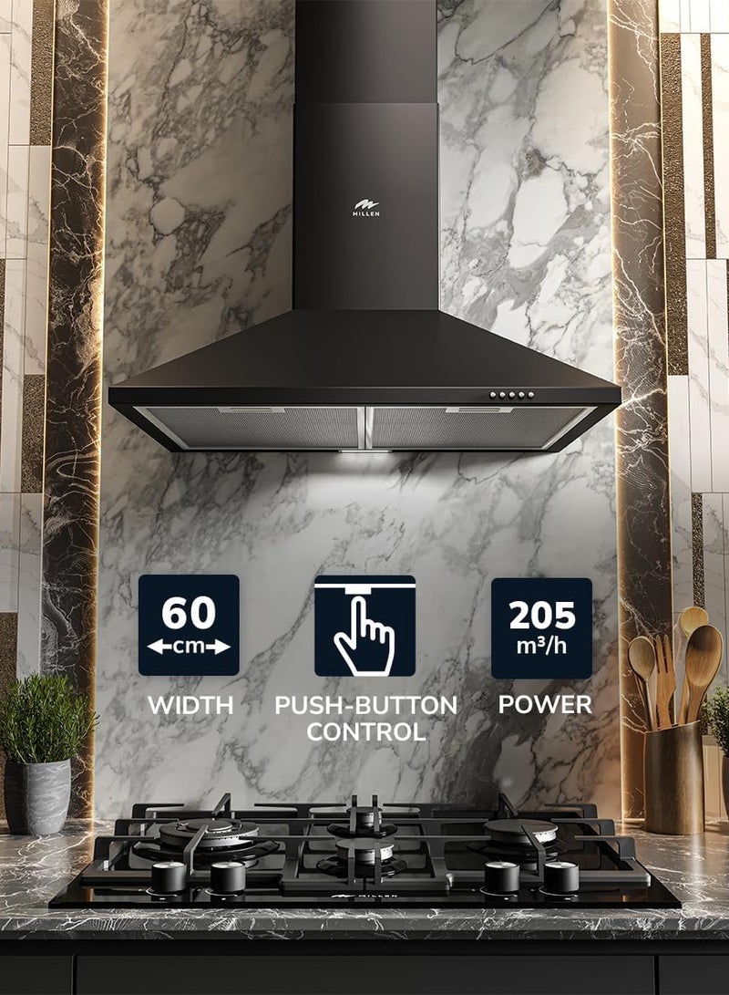 ميلين 60cm Black Chimney Range Hood , 3 Years Warranty MKH 604 BL Black - Image 1
