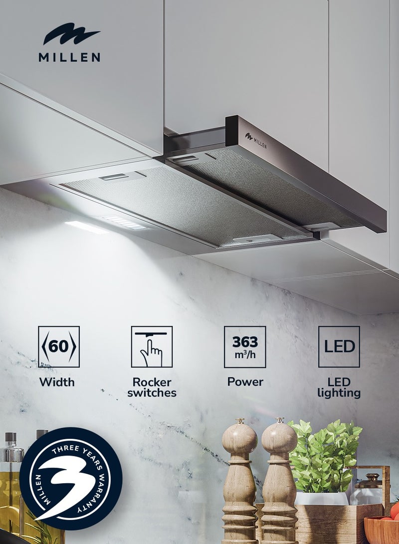 ميلين شفاط مطبخ منزلق 60 سم - ضمان 3 سنوات، مع فلاتر مرفقة - Image 1