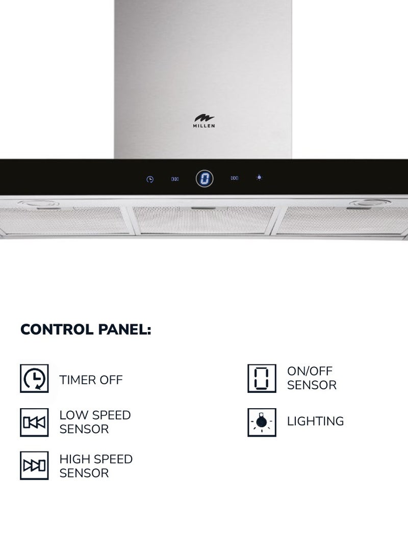 ميلين شفاط بزاوية 90 سم زجاج أسود / فولاذ مقاوم للصدأ 750م3/ساعة ، ضمان 3 سنوات - Image 4