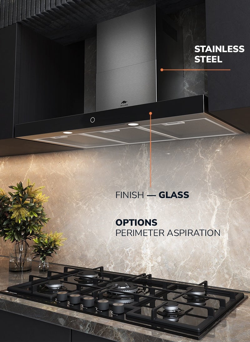 ميلين شفاط بزاوية 90 سم زجاج أسود / فولاذ مقاوم للصدأ 750م3/ساعة ، ضمان 3 سنوات - Image 5