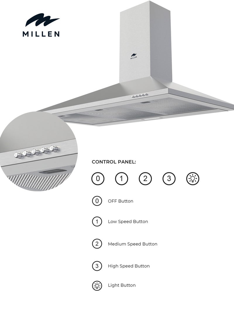 MILLEN 90cm Chimney Range Hood, Stainless Steel , 3 Years Warranty 65 W MKH 904 IX Stainless Steel - Image 3
