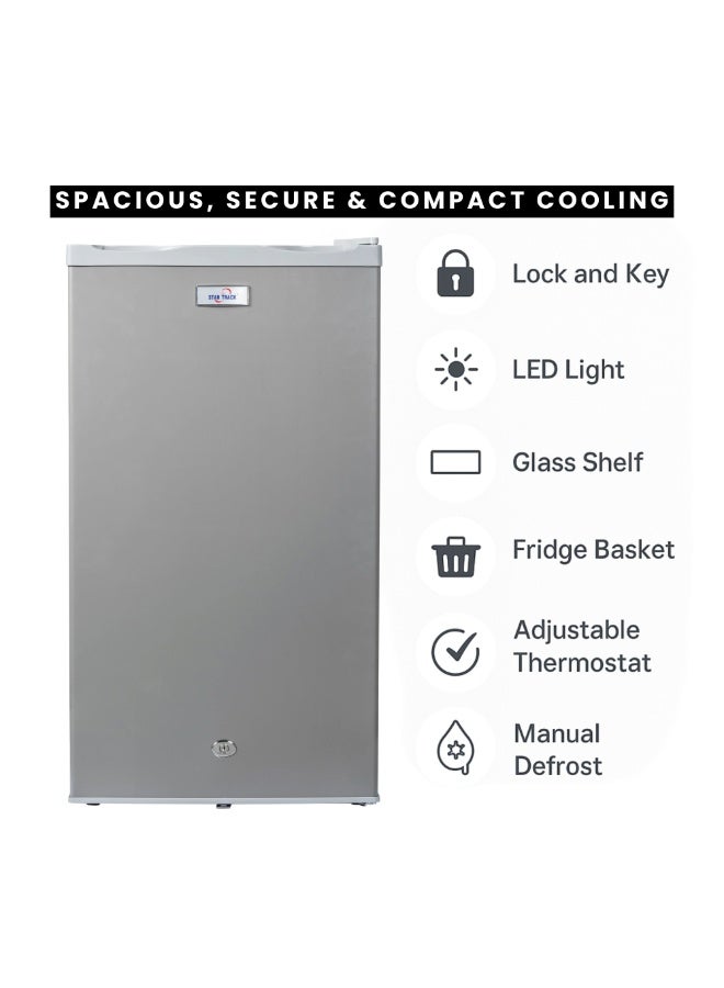 STAR TRACK 110L Gross / 87L Net capacity, Lock and Key, Led Light, Glass Shelf, Fridge Basket, Adjustable Thermostat, Adjustable Feet, R600a, Manual Defrost, Hinged Single Door, Dark Grey, ST-FRG-110L ST-FRG-110L Grey - Image 3