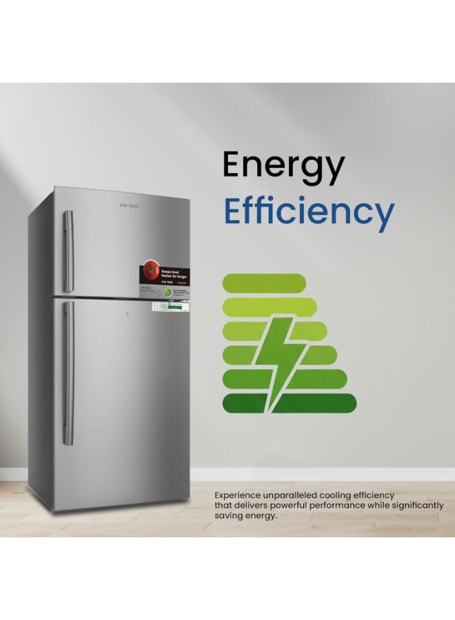 ستار تراك 550L Gross / 483L Net Capacity, No Frost Double Door Refrigerator with Glass Shelves, LED Light, Ice Box, Transparent Door Baskets, Low Noise, Electronic Control, 4-Star Freezer – ST-FRG-550NSKH Silver ST-FRG550-NSKH Silver - Image 3