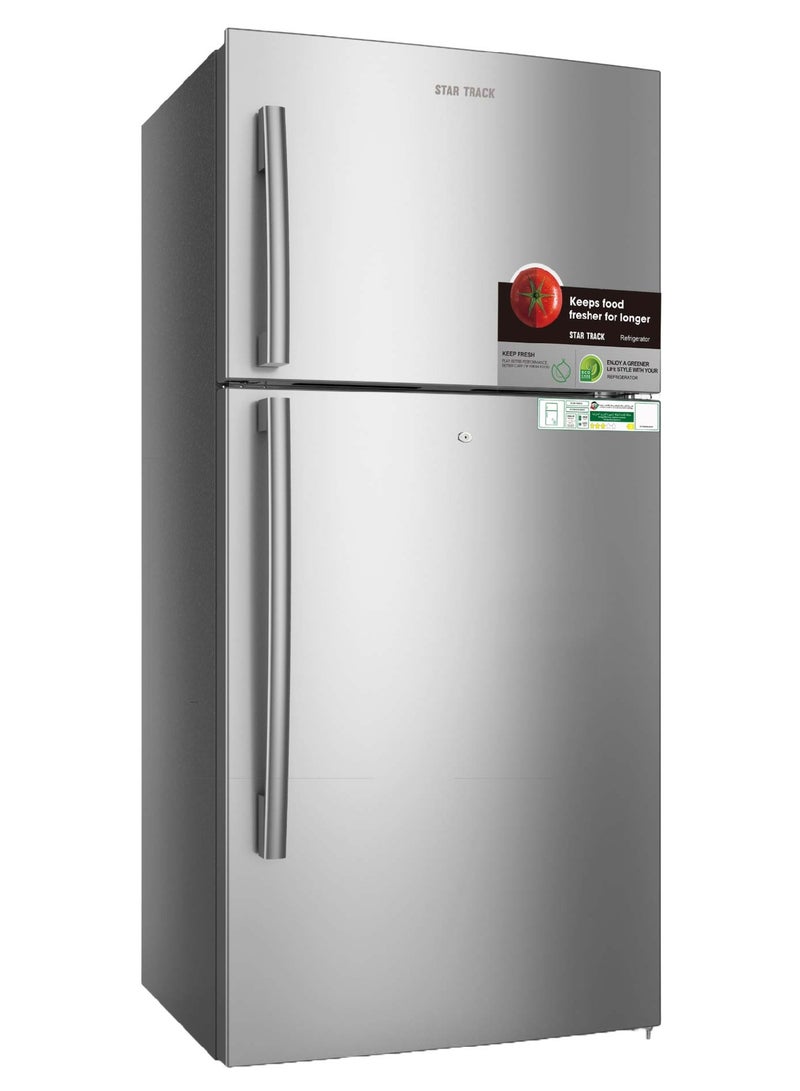 ستار تراك 550L Gross / 483L Net Capacity, No Frost Double Door Refrigerator with Glass Shelves, LED Light, Ice Box, Transparent Door Baskets, Low Noise, Electronic Control, 4-Star Freezer – ST-FRG-550NSKH Silver ST-FRG550-NSKH Silver - Image 1