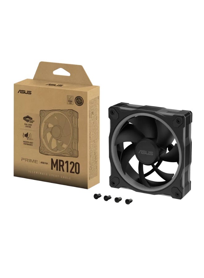 ASUS Prime MR120 ARGB 120mm Case Fan, Dual-Sided 20 Addressable RGB LEDs, 1600 RPM PWM, 58 CFM Airflow, 1.7 mm H₂O Static Pressure, Ultra-Quiet 21 dB(A), 28mm Thick, Aura Sync Compatible, Single Pack, Black | 90DA00I0-B09000  - Image 1