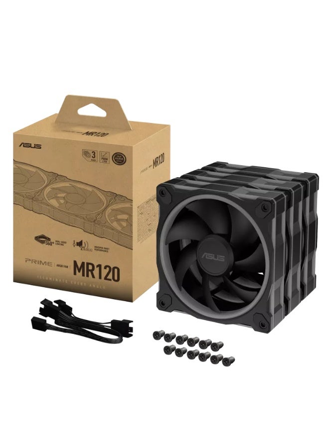 ASUS Prime MR120 ARGB Black Case Fan Triple Pack, 120mm x 28mm PWM Fans, Dual-Layer 20-LED ARGB Lighting, 1600 RPM, 58 CFM Airflow, 1.7 mmH₂O Static Pressure, 21 dBA, Aura Sync Compatible, Standard Blade, 3-Pack, Black | 90DA00I0-B09020  - Image 1