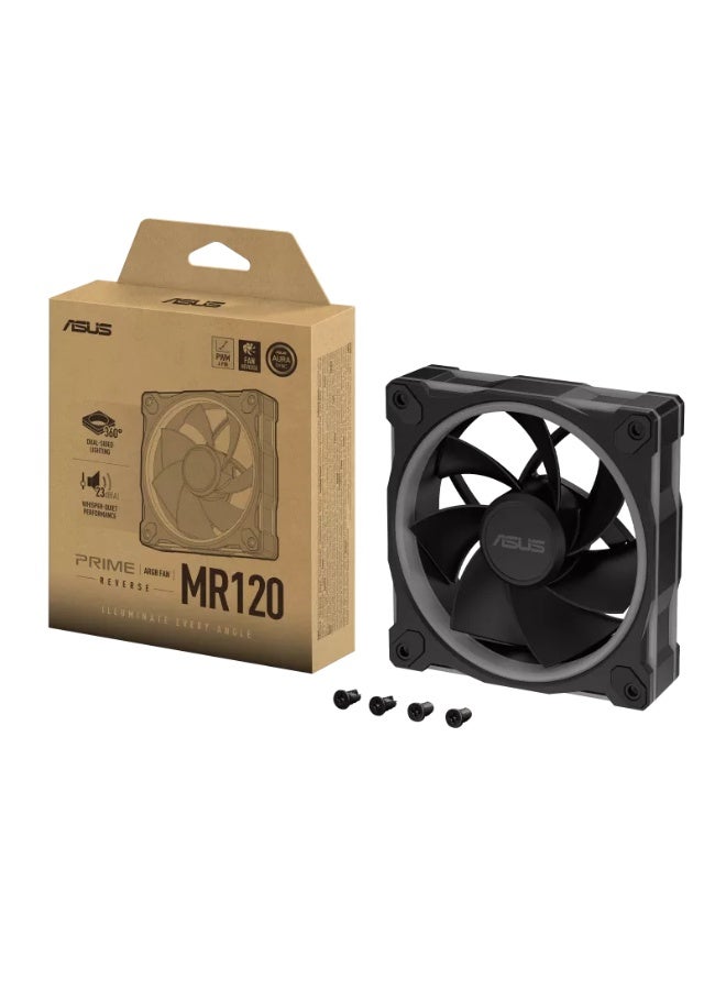 ASUS Prime MR120 ARGB Reverse 120mm PWM Case Fan, 1600 RPM, 58 CFM, 1.38 mm H₂O Static Pressure, 23 dB(A) Noise, Sleeve Bearing, Dual-Sided 20-LED Addressable RGB with Aura Sync, 28mm Thick Frame, Reverse Airflow for Enhanced Cooling, Black | 90DA00L0-B09000  - Image 1
