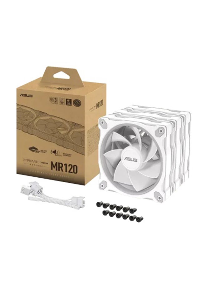 ASUS Prime MR120 ARGB Reverse Fan Triple Pack, 120mm PWM Fans, 28mm Thick Frame, 58 CFM Airflow, 1.38 mm H₂O Static Pressure, 1600 RPM, 23 dB(A) Noise, Dual-Sided 20-LED ARGB Lighting, Aura Sync Compatible, Reverse Blade Design, White | 90DA00L3-B09020  - Image 1