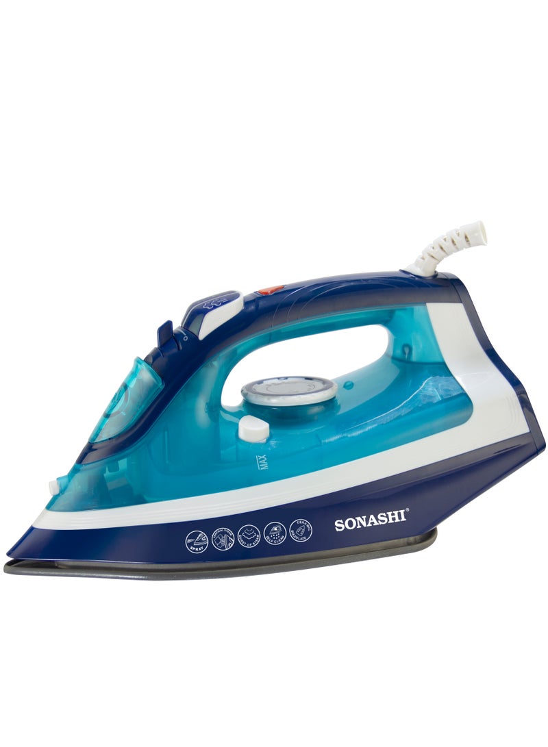 SONASHI Steam Iron with Ceramic Coated Soleplate, 340ML Water Tank, Powerful Steam Burst, Adjustable Thermostat with Spray Iron Feature, Self-Clean Function, For All Types of Fabric 340 ml 2400 W SI-5092C Blue - Image 1