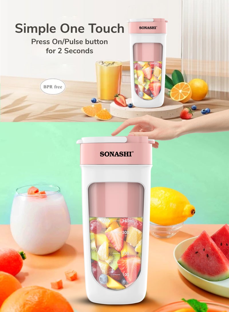 SONASHI Rechargeable Portable Blender Stainless Steel Sharp Blades - Perfect for Juices, Smoothies, Milkshakes 1 Button Control and LED Light Indicator Easy Clean and Carry 340 ml 40 W SPB-294 Pink - Image 5