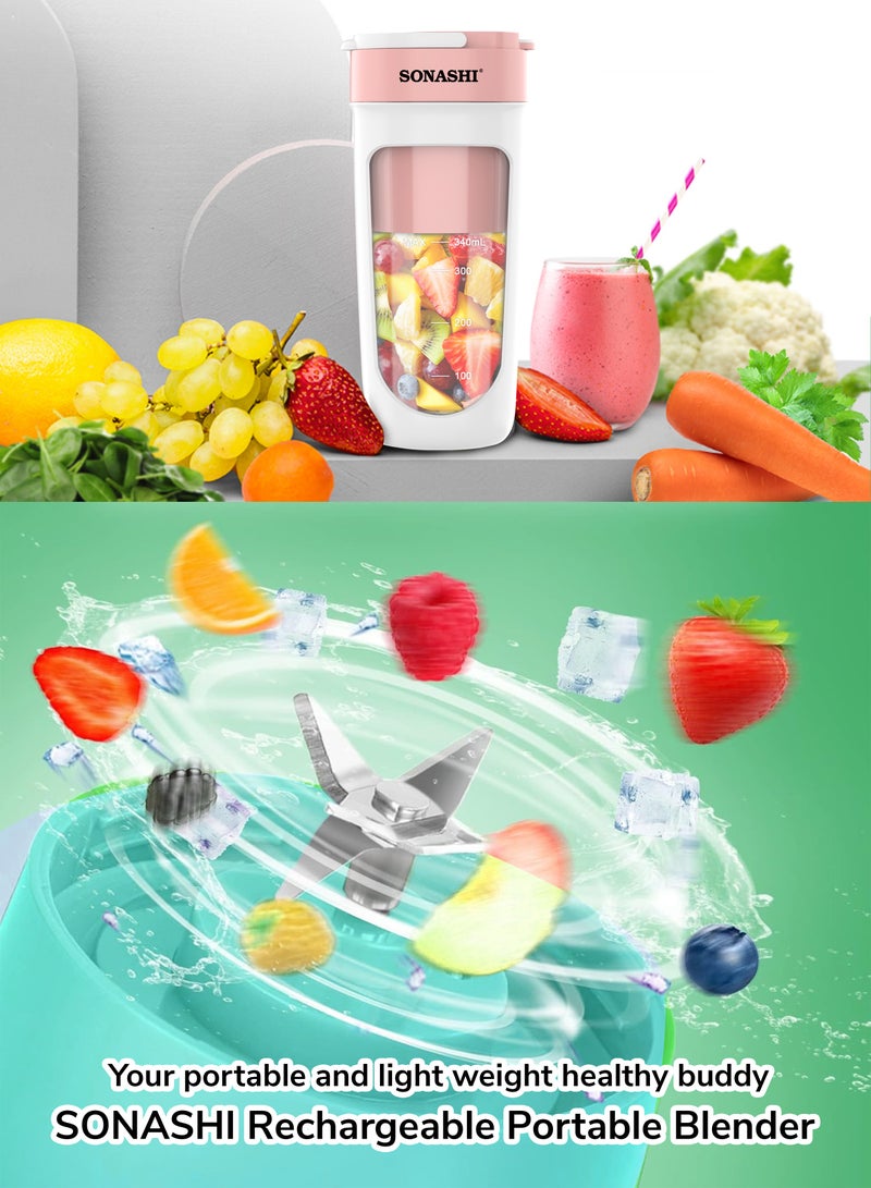 SONASHI Rechargeable Portable Blender Stainless Steel Sharp Blades - Perfect for Juices, Smoothies, Milkshakes 1 Button Control and LED Light Indicator Easy Clean and Carry 340 ml 40 W SPB-294 Pink - Image 4