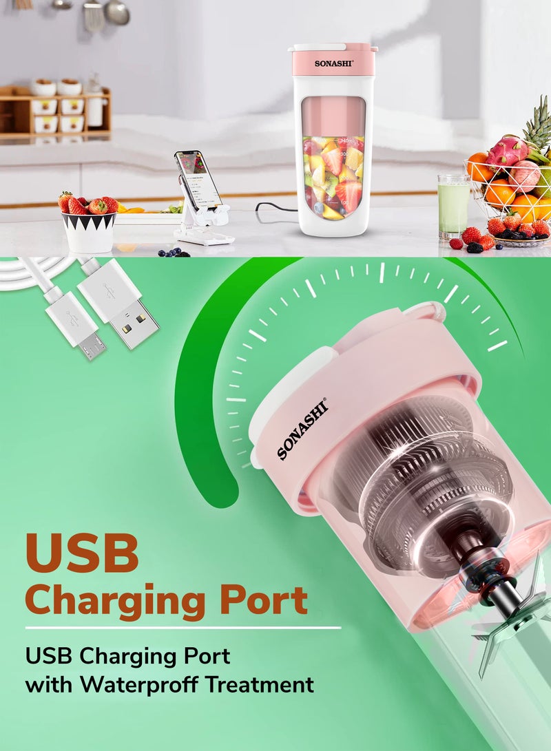 SONASHI Rechargeable Portable Blender Stainless Steel Sharp Blades - Perfect for Juices, Smoothies, Milkshakes 1 Button Control and LED Light Indicator Easy Clean and Carry 340 ml 40 W SPB-294 Pink - Image 3