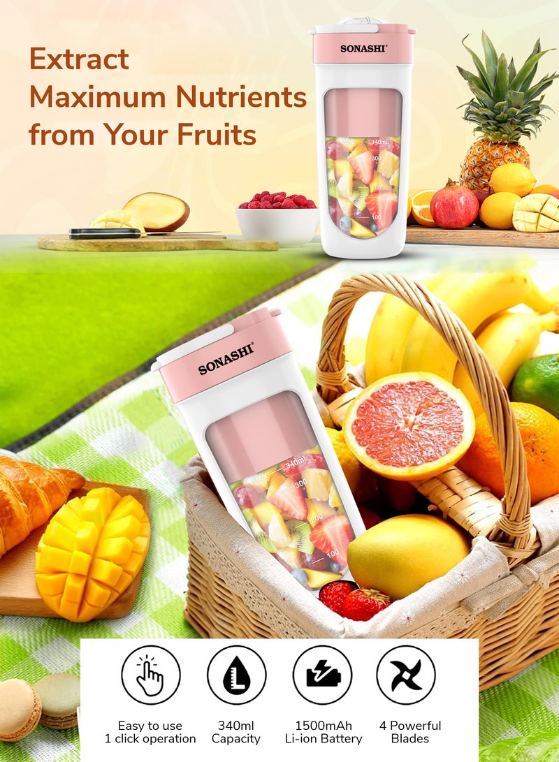 SONASHI Rechargeable Portable Blender Stainless Steel Sharp Blades - Perfect for Juices, Smoothies, Milkshakes 1 Button Control and LED Light Indicator Easy Clean and Carry 340 ml 40 W SPB-294 Pink - Image 2