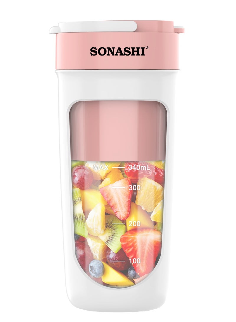 SONASHI Rechargeable Portable Blender Stainless Steel Sharp Blades - Perfect for Juices, Smoothies, Milkshakes 1 Button Control and LED Light Indicator Easy Clean and Carry 340 ml 40 W SPB-294 Pink - Image 1