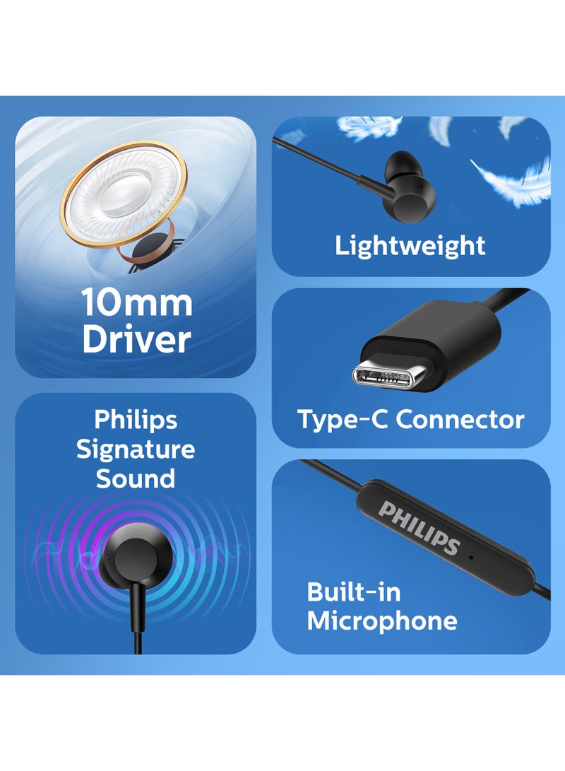 Philips In-Ear Headphones With Mic, Lightweight Wired Headphones, USB-C Connector, 1.2 m Cable, 3 Button In-Line Remote, 3 Eartip Sizes, Clear Sound & Punchy Bass, Black Black - Image 2