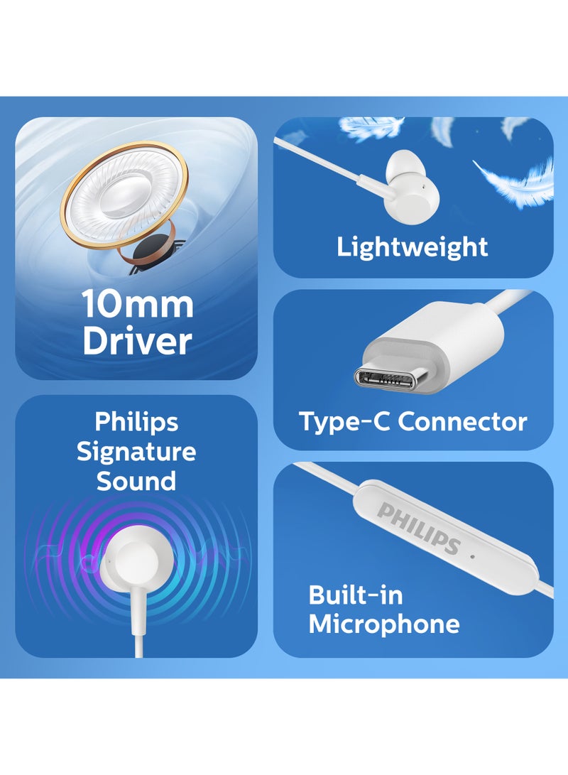 Philips In-Ear Headphones with Mic USB-C Connector 1.2 m Cable, 3 Button, In-Line Remote, 3 Eartip Sizes, Comfortable Fit Clear Sound & Punchy Bass, White white - Image 2