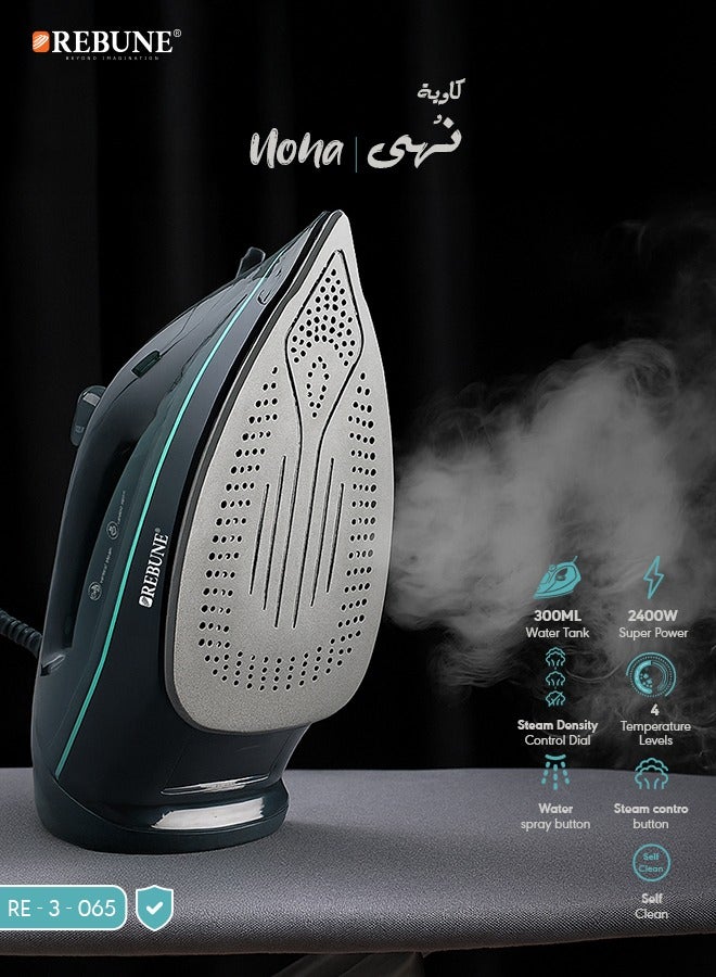 REBUNE Steam Iron RE-3-065 – 2400W, 300ML Tank, Steam Burst & Self-Clean 300 ml 2400 W RE-3-065 Black & Green - Image 1