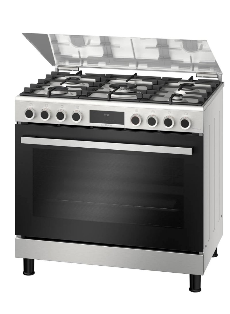 بوش Series 6 Freestanding Gas Cooker 90cm 5 Burners XXL 147L Oven Rotisserie Auto Ignition Stainless Steel HGX3G8W50S silver - Image 1
