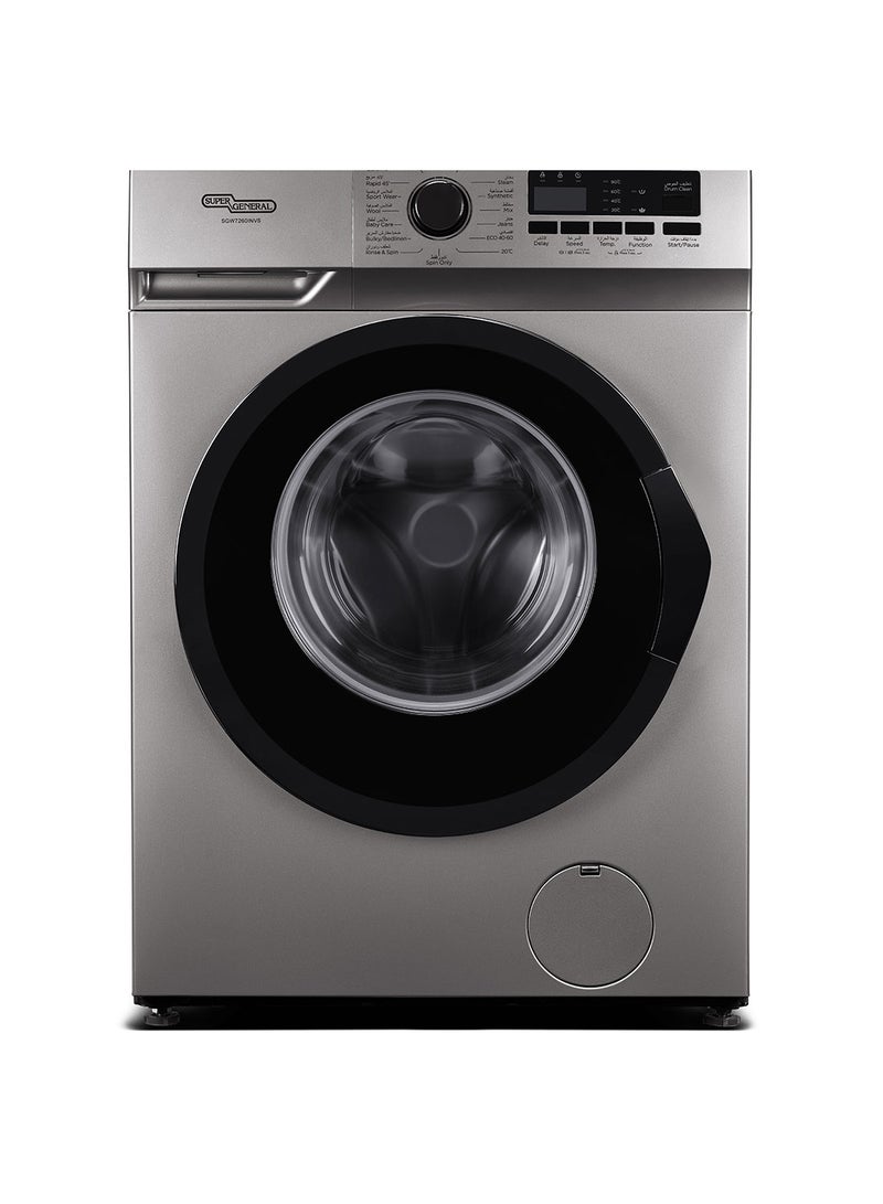 SUPER GENERAL 7KG Front Load Washing Machine with Inverter Motor, 1200 RPM, 15 Programs, Steam Hygiene, Built-in Heater, LED Display, Child Lock SGW7260INVS Silver - Image 1