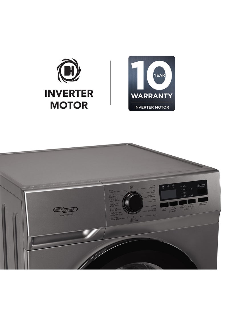 SUPER GENERAL 7KG Front Load Washing Machine with Inverter Motor, 1200 RPM, 15 Programs, Steam Hygiene, Built-in Heater, LED Display, Child Lock SGW7260INVS Silver - Image 3