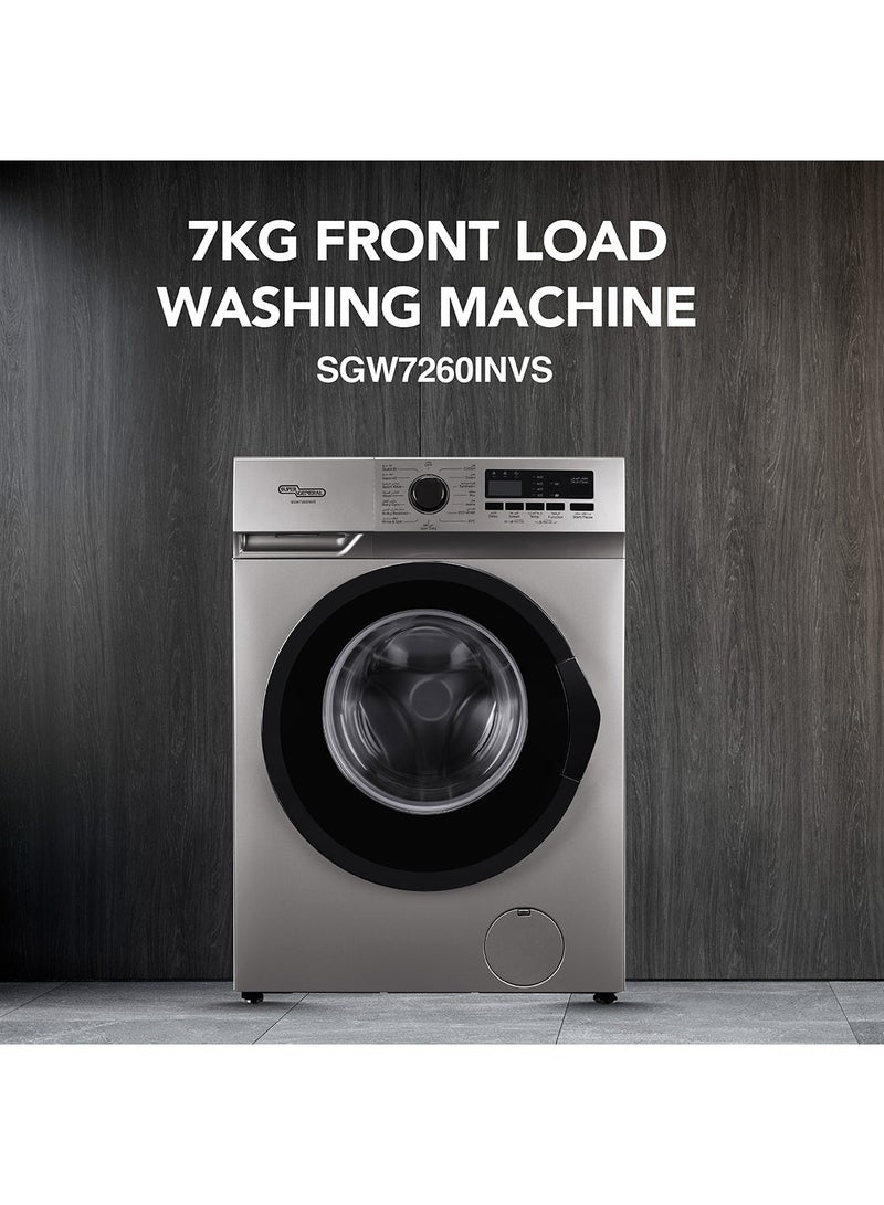 SUPER GENERAL 7KG Front Load Washing Machine with Inverter Motor, 1200 RPM, 15 Programs, Steam Hygiene, Built-in Heater, LED Display, Child Lock SGW7260INVS Silver - Image 2