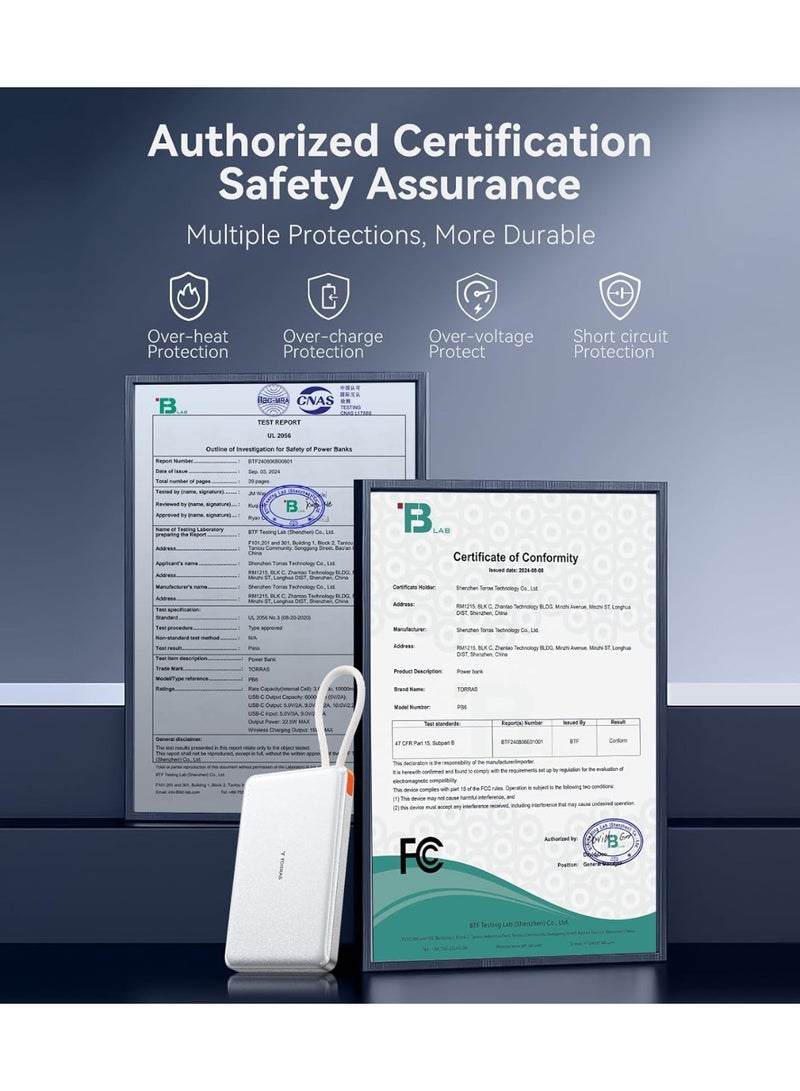 TORRAS PebbleLink Power Bank with Built-in USB-C Cable, Ultra-Slim Portable Charger USB C, 22.5W Fast Charging Battery Pack for iPhone 16/15/Samsung S25 Ultra/Android, (No-Wireless) - Glacier White - Image 3