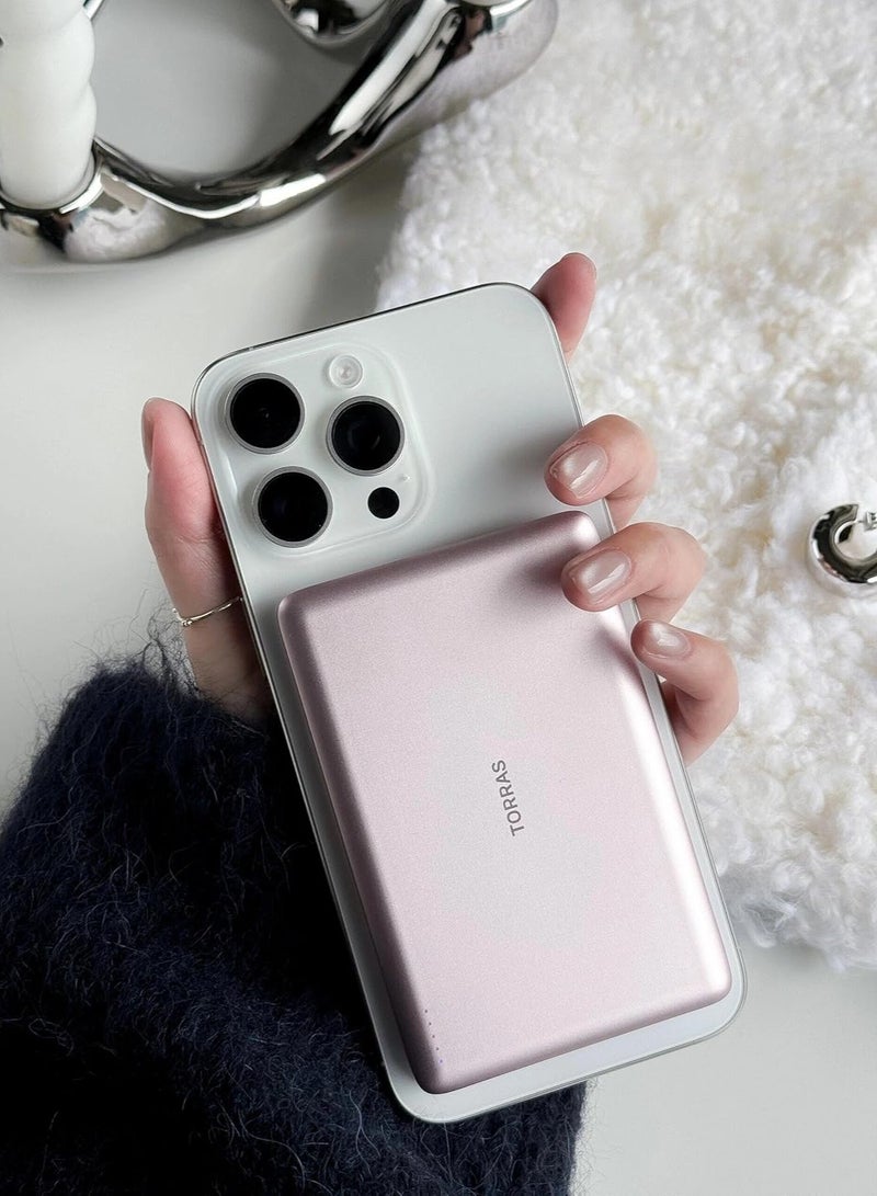 TORRAS MiniMag Power Bank, Ultra Slim Wireless Portable Charger with USB-C Cable, Fast Charging Magnetic Battery Pack, Magsafe-Compatible Charger for iPhone 16/15/14/13/12 - Pink - Image 5