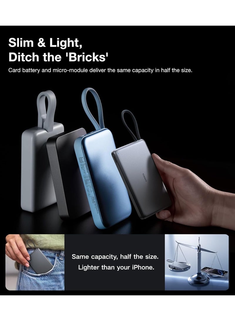 TORRAS PebbleLink Power Bank with Built-in USB-C Cable, Ultra-Slim Portable Charger USB C, 22.5W Fast Charging Battery Pack for iPhone 16/15/Samsung S24 Ultra/Android, (No-Wireless) - Glacier Grey - Image 3