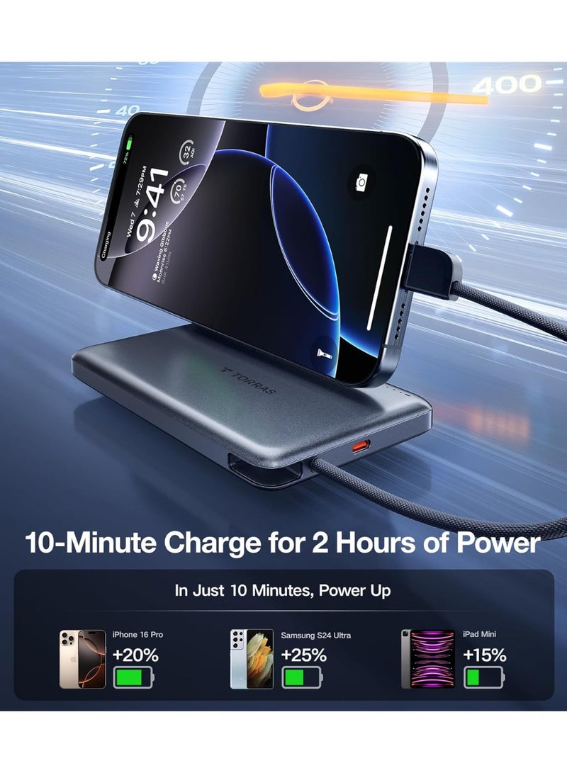 TORRAS PebbleLink Power Bank with Built-in USB-C Cable, Ultra-Slim Portable Charger USB C, 22.5W Fast Charging Battery Pack for iPhone 16/15/Samsung S24 Ultra/Android, (No-Wireless) - Glacier Grey - Image 2