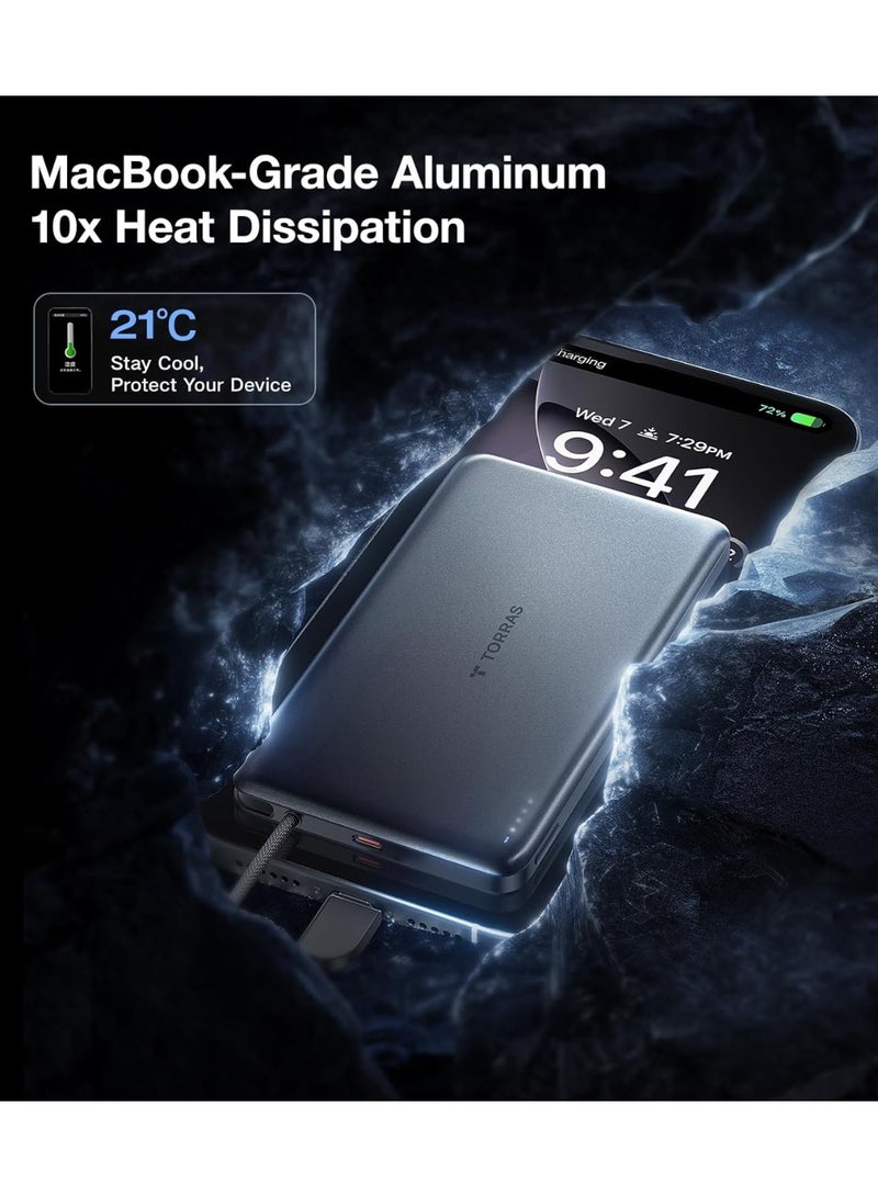 TORRAS PebbleLink Power Bank with Built-in USB-C Cable, Ultra-Slim Portable Charger USB C, 22.5W Fast Charging Battery Pack for iPhone 16/15/Samsung S24 Ultra/Android, (No-Wireless) - Glacier Grey - Image 5