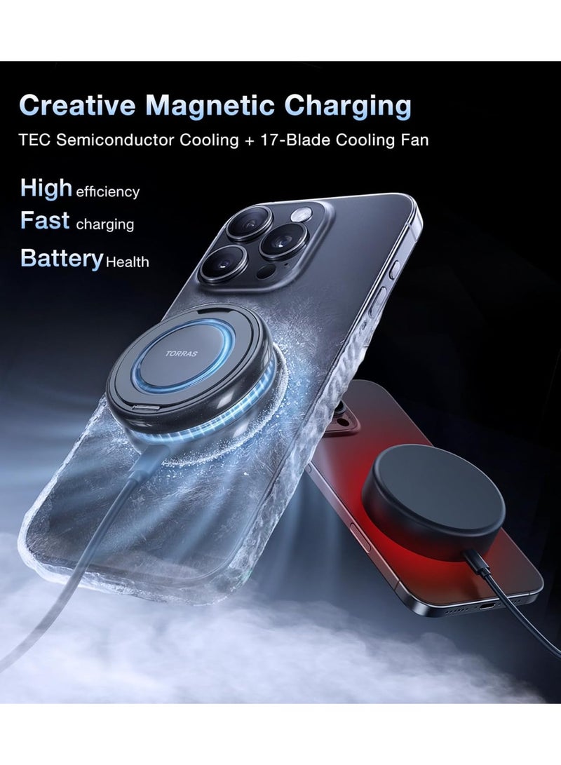 TORRAS Polar Circle Qi2 Mag-Safe Charger, 15W Cooling Magnetic Pad For iPhone 16/15/14/13, Wireless Charger For Samsung Galaxy S25 with 360°Spin Stand, Semiconductor Game Cooler, With 5FT Type-C Cable - Black  - Image 2