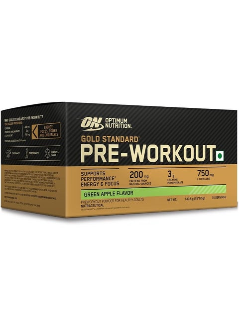 Optimum Nutrition (ON) Gold Standard Pre-Workout- 142.5g/15 single serve packs (Green Apple Flavor), For Energy, Focus, Power, Endurance & Performance