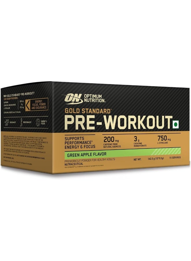 Optimum Nutrition (ON) Gold Standard Pre-Workout- 142.5g/15 single serve packs (Green Apple Flavor), For Energy, Focus, Power, Endurance & Performance - Image 1