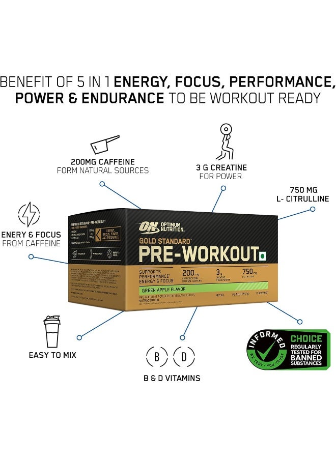 Optimum Nutrition (ON) Gold Standard Pre-Workout- 142.5g/15 single serve packs (Green Apple Flavor), For Energy, Focus, Power, Endurance & Performance - Image 2