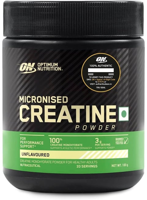 Optimum Nutrition (ON) Micronized Creatine Powder - 100 Gram, 33 Serves, 3g of 100% Creatine Monohydrate per serve, Supports Athletic Performance & Power, Unflavored.
