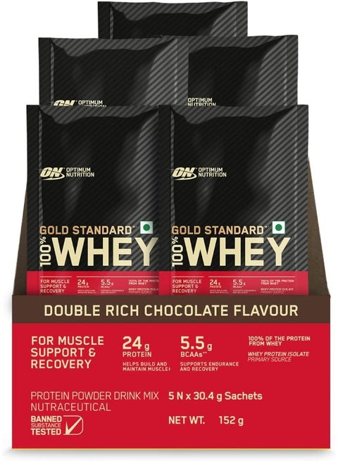 Gold Standard 100% Whey Protein - 5 X 30.4 g (Double Rich Chocolate) Single Serve Sachets, for Muscle Support & Recovery, Vegetarian - Primary Source Whey Isolate
