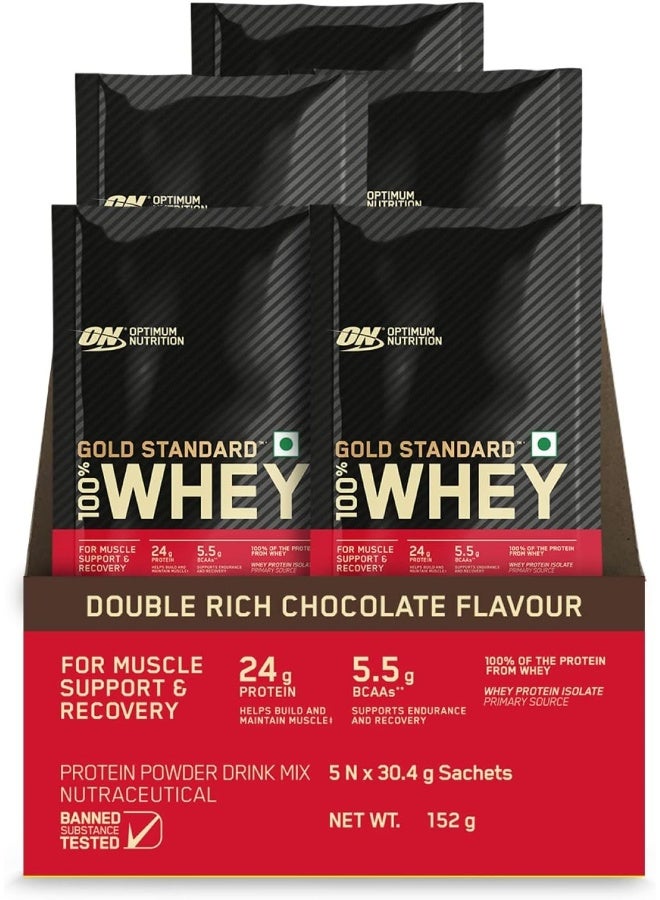Optimum Nutrition Gold Standard 100% Whey Protein - 5 X 30.4 g (Double Rich Chocolate) Single Serve Sachets, for Muscle Support & Recovery, Vegetarian - Primary Source Whey Isolate - Image 1