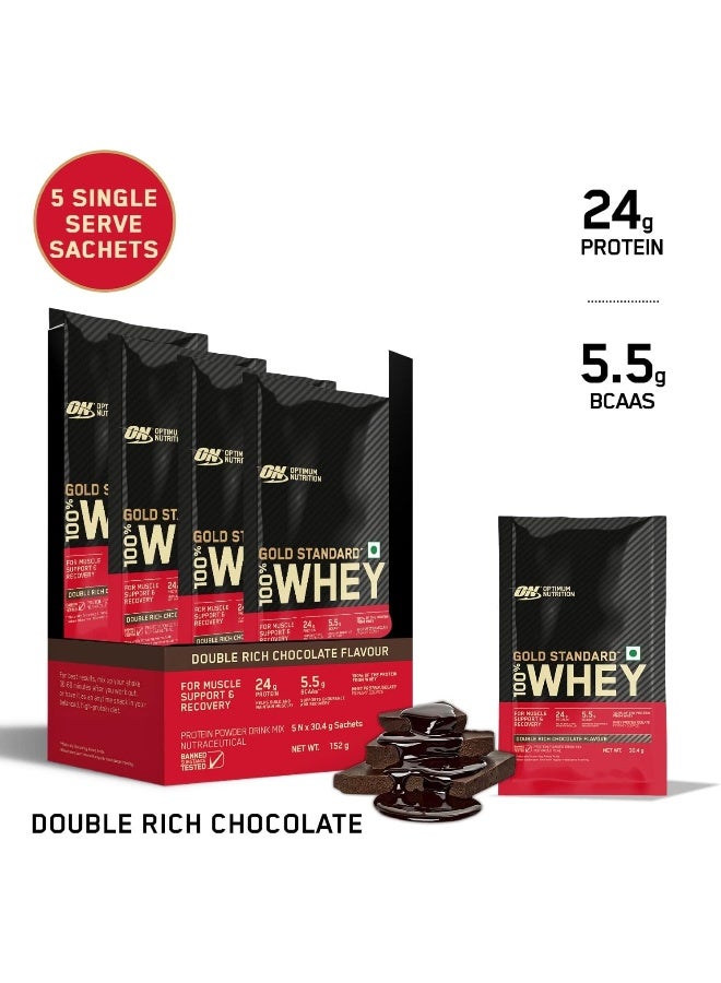 Optimum Nutrition Gold Standard 100% Whey Protein - 5 X 30.4 g (Double Rich Chocolate) Single Serve Sachets, for Muscle Support & Recovery, Vegetarian - Primary Source Whey Isolate - Image 4