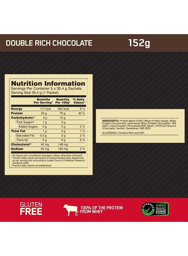 Optimum Nutrition Gold Standard 100% Whey Protein - 5 X 30.4 g (Double Rich Chocolate) Single Serve Sachets, for Muscle Support & Recovery, Vegetarian - Primary Source Whey Isolate - Image 5
