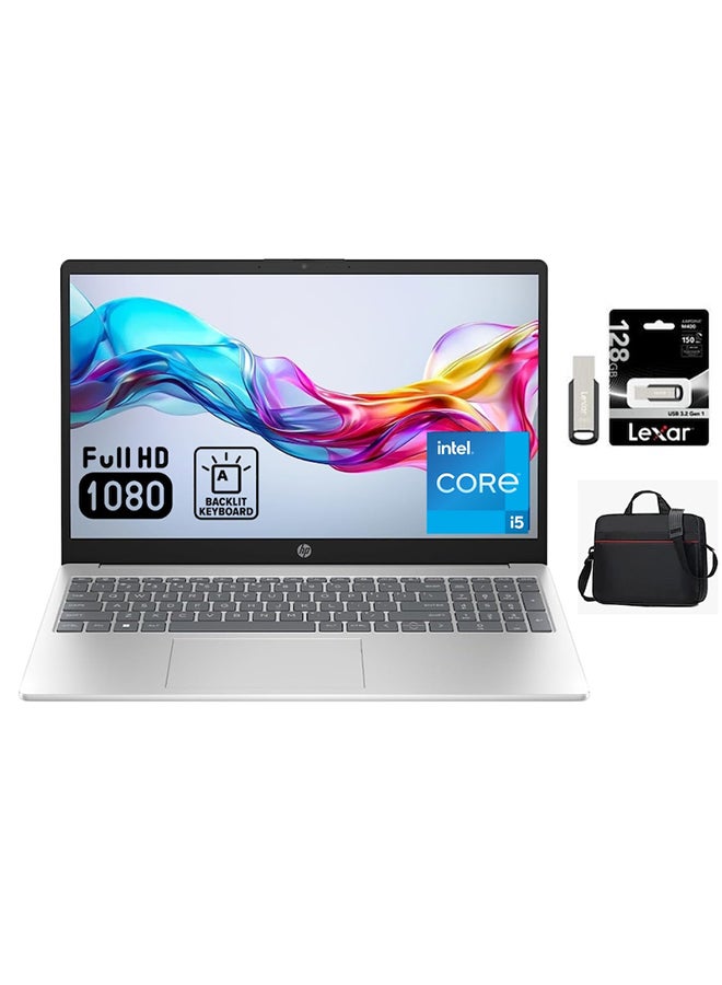 HP Laptop With 15.6-Inch FHD Display, Core i5-1334U Processor/16GB RAM/512GB SSD/Intel Iris XE Graphics/Windows 11 + Lexar 128GB USB 3.2 Gen 1 D400+ Free Laptop Bag Arabic silver - Image 1