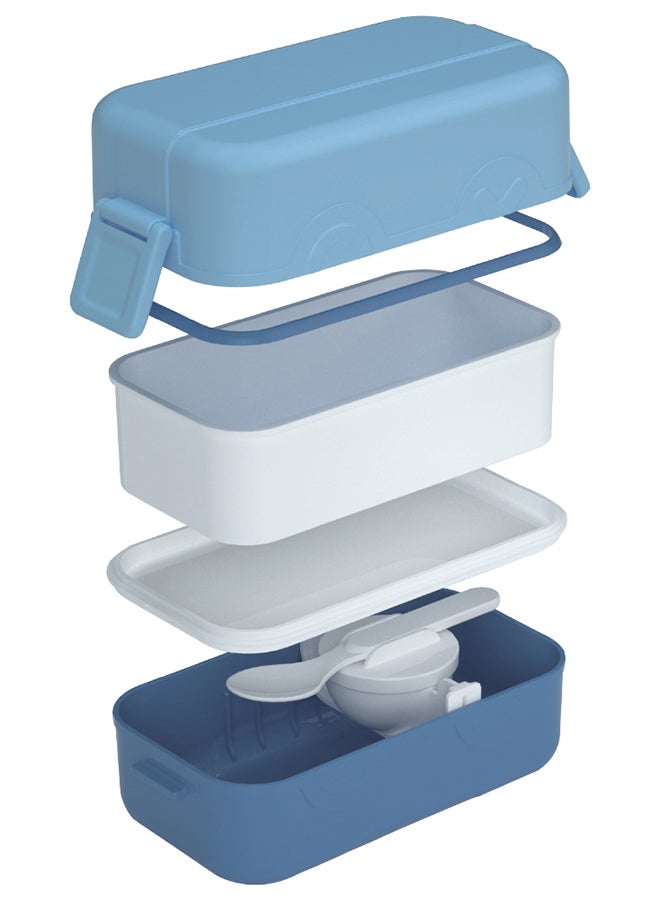 Moon Fiesta Kids Two-Tier Bento Lunch Box – BPA-Free, Leakproof, Stackable with Spoon & Seasoning Box – Blue - Image 2