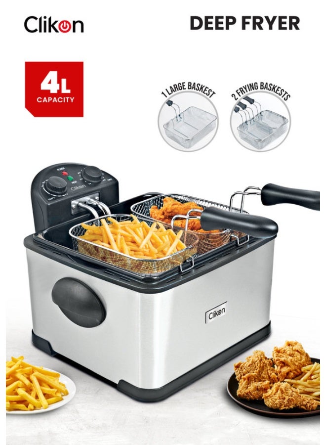 كليكون Stainless Steel 4L Deep Fryer with Timer – 2000W Power, See-Through Window, Anti-Grease Filter & Protective Lid 4 L 2000 W CK374 Silver and Black - Image 1