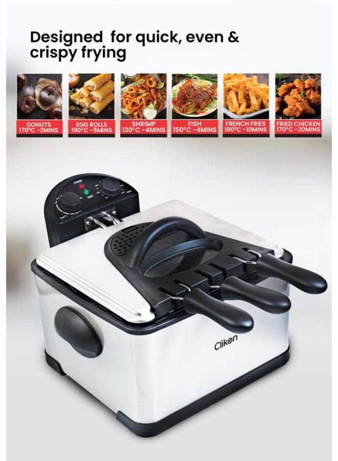 كليكون Stainless Steel 4L Deep Fryer with Timer – 2000W Power, See-Through Window, Anti-Grease Filter & Protective Lid 4 L 2000 W CK374 Silver and Black - Image 4