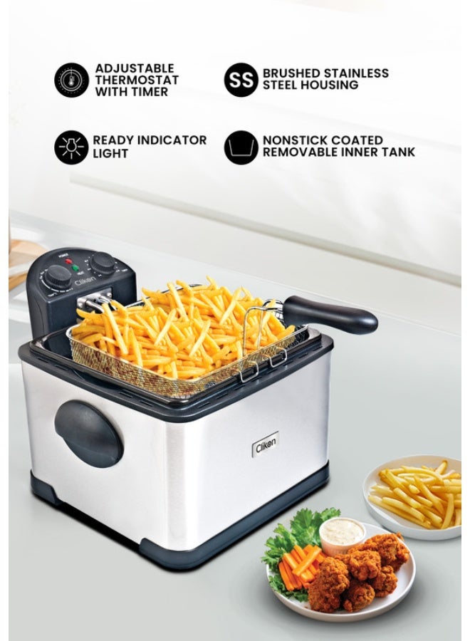 كليكون Stainless Steel 4L Deep Fryer with Timer – 2000W Power, See-Through Window, Anti-Grease Filter & Protective Lid 4 L 2000 W CK374 Silver and Black - Image 3