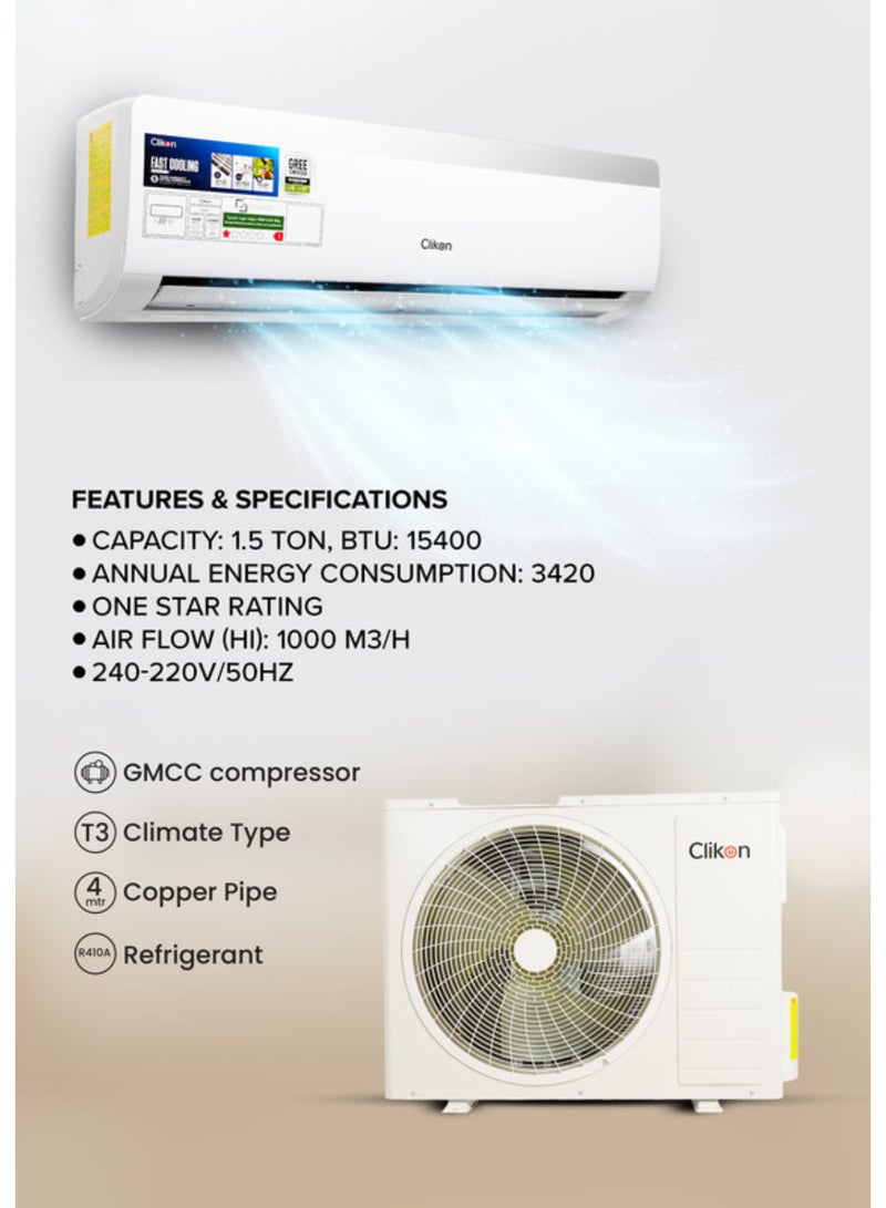 كليكون مكيف هواء سبليت 1.5 طن – 17400 وحدة حرارية بريطانية، ضاغط GMCC، أنبوب نحاسي 4م، تبريد R410a، T3 تشغيل وإيقاف، 220-240 فولت 50/60 هرتز - Image 3